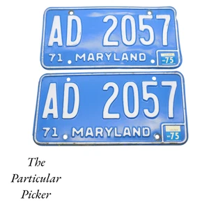 Maryland License Plate Set Tag # AD 2057 1971 Matching Pair Of 2 GUC Blue/White - Picture 1 of 1