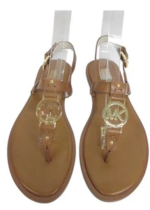 Michael Michael Kors Sondra Cognac Thong Sandal Size 8 Gold MK Medallion  EUC - Picture 1 of 15