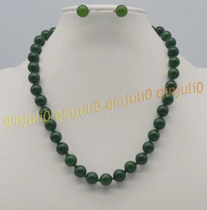 "Set Collane Orecchini Perline Rotonde Verde Scuro 10 mm Pietra Preziosa Giada Naturale 18"" - Foto 1 di 4