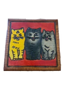 Polen Katzen und Mäuse Holz geschnitzt bemalt Holzwaren Schmuck Geschenkbox 5" Quadrat - Bild 1 von 5
