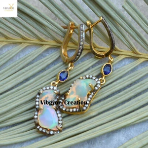 Pendientes de piedras preciosas de ópalo de diamantes pavimentados en oro 925 plata sólida regalo de cumpleaños - Imagen 1 de 4
