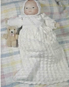 5"&13"BYE-LO BABY DOLL CHRISTENING DRESS/GOWN/BOOTIES HAT KNIT/KNITTING PATTERN - Picture 1 of 6