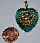 Vintage Glass Zodiac Astrology Heart Pendant Green Intaglio 30mm • Many Signs
