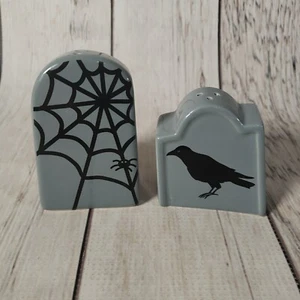 Ceramic Halloween Salt and Pepper Shakers Spiderweb Raven Tomb Halloween Decor - Picture 1 of 10