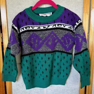Vintage McGregor Kids Knit Sweater Green and Purple Y2K VTG 80s 90s Retro - Picture 1 of 12