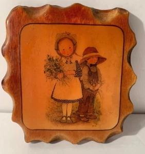 Vintage Wood Carved Hand Carving Tree Etched Kids Boy Girl Flowers Wall Hanging - Picture 1 of 9