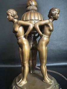 Antike alte Jugendstil Art Deco Bronze Tischleuchte 3 Grazien Akt mit Glasschirm - Bild 1 von 21