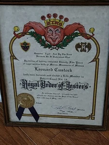 Royal Order of Jesters Certificate Framed Detroit Court No. 28 Lifetime Member - Picture 1 of 7