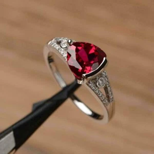 3Ct Trillion Cut Red Ruby Three-Stone Lab Created Ring 14K White Gold Plated - Picture 1 of 10
