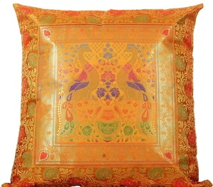 18" Peacock Brocade Silk Handmade Cushion Cover Ethnic Pillow Sham Throw Gold - Picture 1 of 5