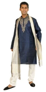 Blue Silk Men Kurta pajama Shawl  sherwani Indian Wedding 3 Piece size up to 6XL - Picture 1 of 2