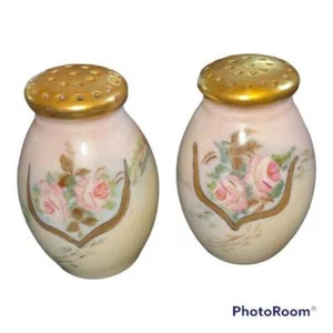 Vintage Floral Salt & Pepper Shakers Painted Gold Top Cork Stopper Sharp - Picture 1 of 6