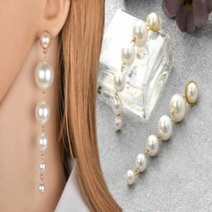 Classic Elegant Bridal Statement White Pearls Long Tassel Dangle Drop Earrings - Picture 1 of 10