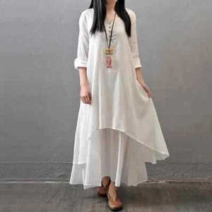 Maxi Dresses Women Loose Casual Long Sleeve Irregular Layered Boho Dress - Picture 1 of 10