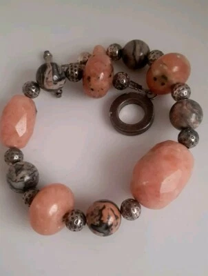 Rhodonite Pink Gemstone Chunky Silvertone Bead Bracelet. 9 In. - Image 1 of 4