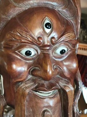 ANTIGUA MÁSCARA GUERRERA Diety China de 20" de Alto con 3 Ojos de Vidrio Tercer Ojo Tallado Palo de Rosa Foto 1 de 4
