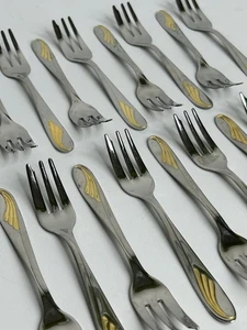 Vintage Edelstahl und Gold Teller Garnelen Gabeln Lavart Marke Italien 18er Set - Bild 1 von 7