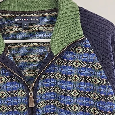 VTG Tommy Hilfiger Zip Up Knit Sweater Multi Color Mens Large 90s Zip Sweater - Image 1 of 4