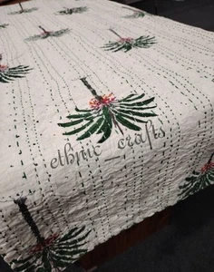 Green Tree of Life Quilt Kantha Summer modern Art Handmade Vintage Quilt Kantha - Picture 1 of 10