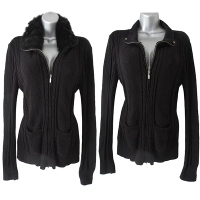 Liz & Co Cardigan Sweater Women L Black Fur Collar Full Zip Cableknit Retro Chic - Image 1 of 4
