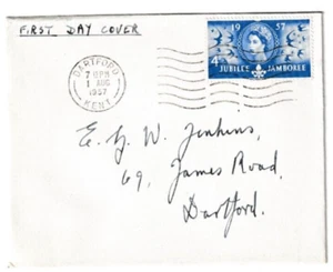 1/8/1957 UK GB FDC - Scout Jubilee Jamboree - 4d - Dartford Slogan Postmark #2 - Picture 1 of 2