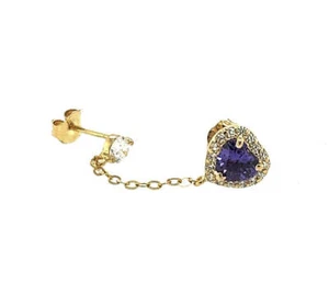 14k Yellow Gold Halo Heart CZ Stud Earrings with chain Push back - Picture 1 of 15