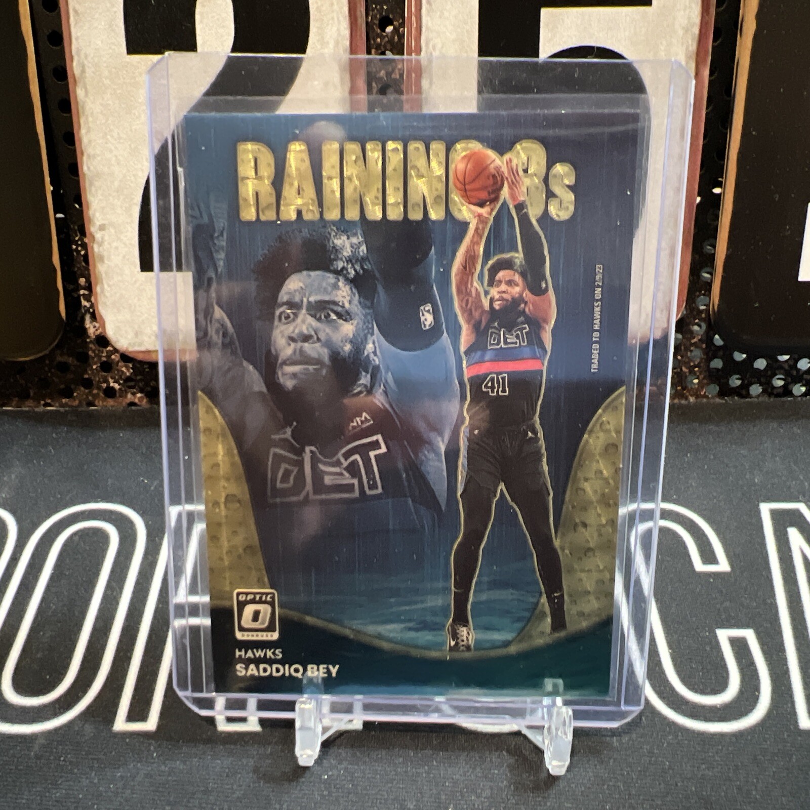 2022-23 Donruss Optic Saddiq Bey Raining 3's Gold Vinyl 1/1 Pistons Hawks