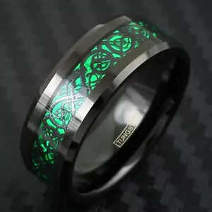 8mm Black Tungsten Carbide Men's Ring Green Celtic Dragon Wedding Band - Picture 1 of 11