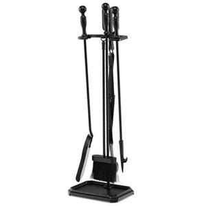 5-Piece Heavy-Duty Fireplace Tool Set W/ Tong Brush Shovel Poker Iron Stand Set - Picture 1 of 13