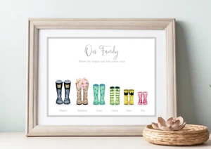 Family Welly Boot Print, Personalized Wall Decor, Gift for Mum, Dad, Grandparent - Picture 1 of 10