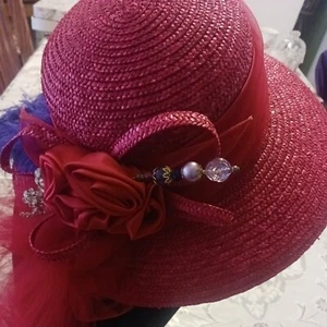 Red Church Hat Wedding Function Hat Floral Elegant Fedora Rose Straw w rh.flower - Picture 1 of 9