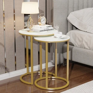 2PCS Gold Marble Nesting Side End Tables Round Small Stacking Drink Coffee Table - Picture 1 of 12