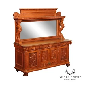 Antique Renaissance Revival Figural Carved Oak Mirrored Sideboard - Picture 1 of 12