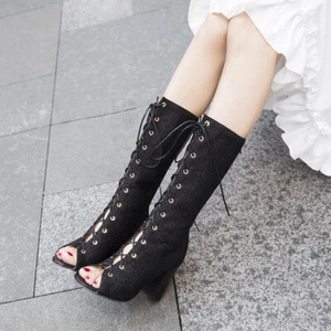 Womens Glitter Lace Up Knee High Block Heels Peep Toe Roman Boots Ladies Shoes - Picture 1 of 21
