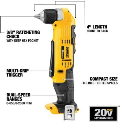 DEWALT CANADA 20V Li-Ion Cordless 3/8-inch Right Angle Drill/Driver (Tool-Only) - Image 1 of 4