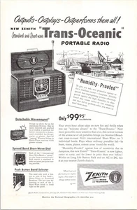 Zenith 1950 Trans-Oceanic Portable Radio Vintage Print Ad Black White - Bild 1 von 1
