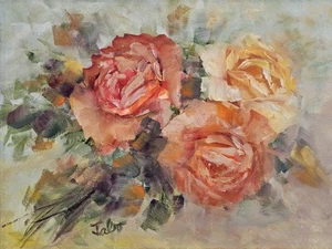 Original Vintage Art Painting Flowers Roses Oil on Canvas Framed Signed 17 x 13 - Picture 1 of 11