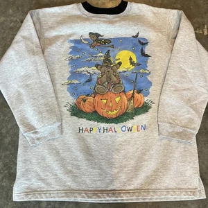 Vintage 90er Happy Halloween Teddybär Hexe Kürbis Sweatshirt DAMEN XL süß - Bild 1 von 4