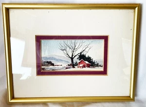 VTG Small Watercolor Painting by Richard Ochs "Red Barn" 8" x 6.5" - Picture 1 of 6