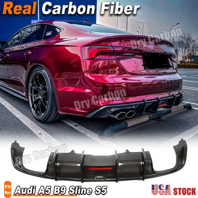 REAL CARBON Rear Bumper Lip Diffuser W/LED Fits Audi A5 B9 Sline S5 2017-2020 - Image 1 of 4