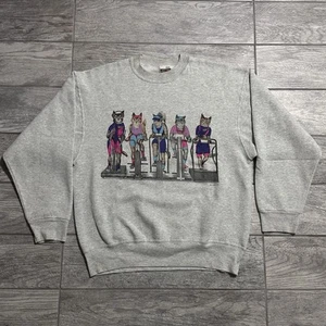 Vintage 90's Fitness Gym Workout Cats Double Sided Sweatshirt Size Large Animal - Picture 1 of 9