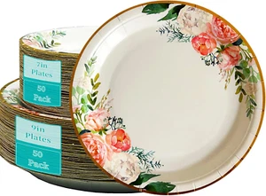 Round Disposable Paper Plates 100Pcs,Floral Dinner Plates, Disposable Party Supp - Picture 1 of 6