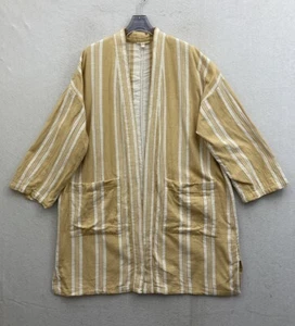 EILEEN FISHER Kimono L/XL Organic Cotton Striped Open Front Cardigan Yellow - Picture 1 of 7