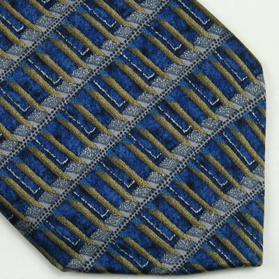 Barrington 男式领带 100% 真丝蓝色金色几何条纹 58x4  — 第 1/4 张图片
