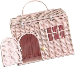 Cesta pequeña de mimbre con forma de casa de ratán Rool, boho, portador de muñecas rosa - Imagen 1 de 12