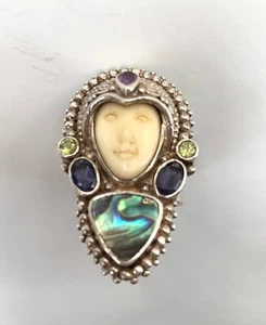 Vintage Sajen Carved Goddess Face Sterling Silver Multi Gemstone Ring, Size 8 - Picture 1 of 10