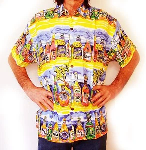 LOUD Mens Hawaiian shirt, yellow with beer bottles, XS, 44" Chest Holiday Party - Picture 1 of 4