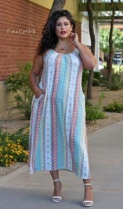 New Womens PLUS SIZE FLORAL MEDALLION ADJUSTABLE BOHO MAXI DRESS POCKETS 1X 2X - Picture 1 of 5