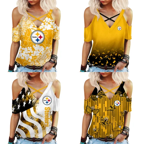 Pittsburgh Steelers Women's V neck Crisscross Tops Summer Cold Shoulder Blouse Cover