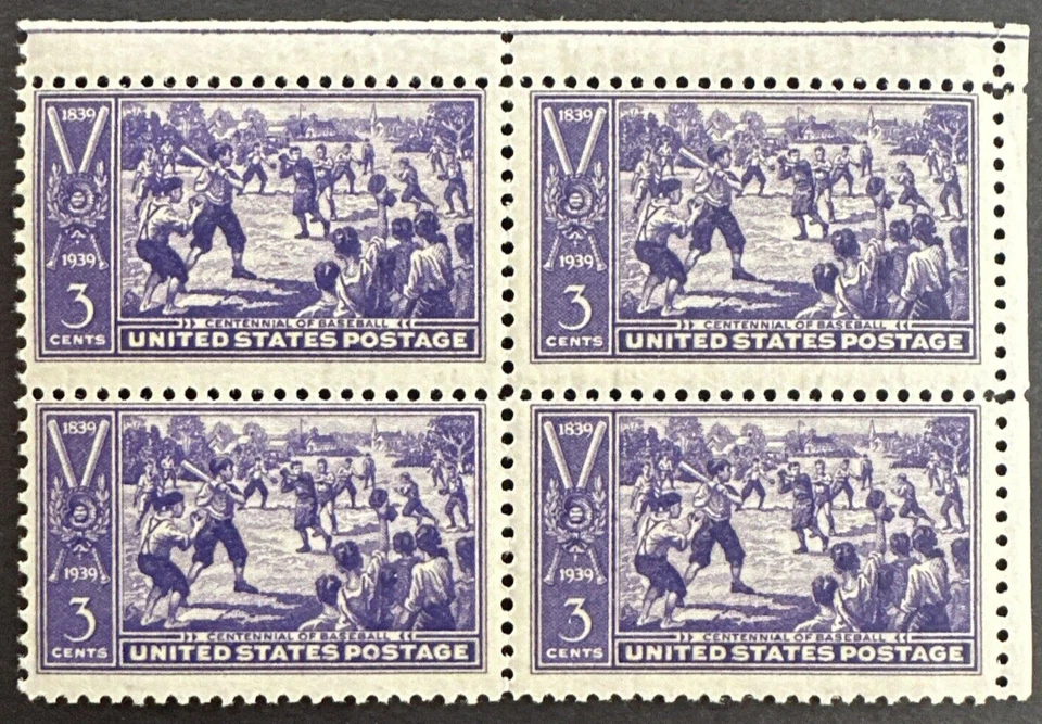 US 1939 Sc# 855 Block of 4 MNH OG BASEBALL CENTENNIAL Sand Lot Game - Image 1 of 2